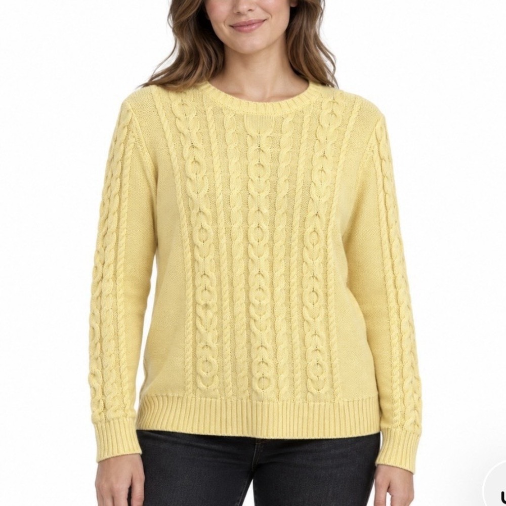 LL Bean Yellow Double L Mixed Cable Cotton Crew Neck Pullover Sweater Size LARGE
